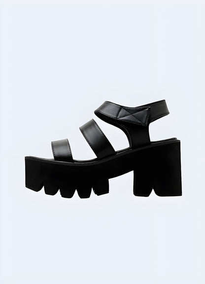 Side view of platform sandals with a chunky heel, showcasing the trendy design, sturdy block heel, and eye-catching silhouette for a head-turning look.