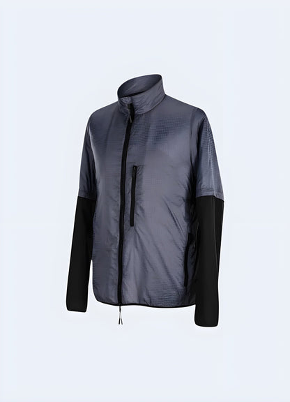 Front view of a sleek purple techwear jacket, highlighting its modern aesthetics and functionality, photographed in the UK.