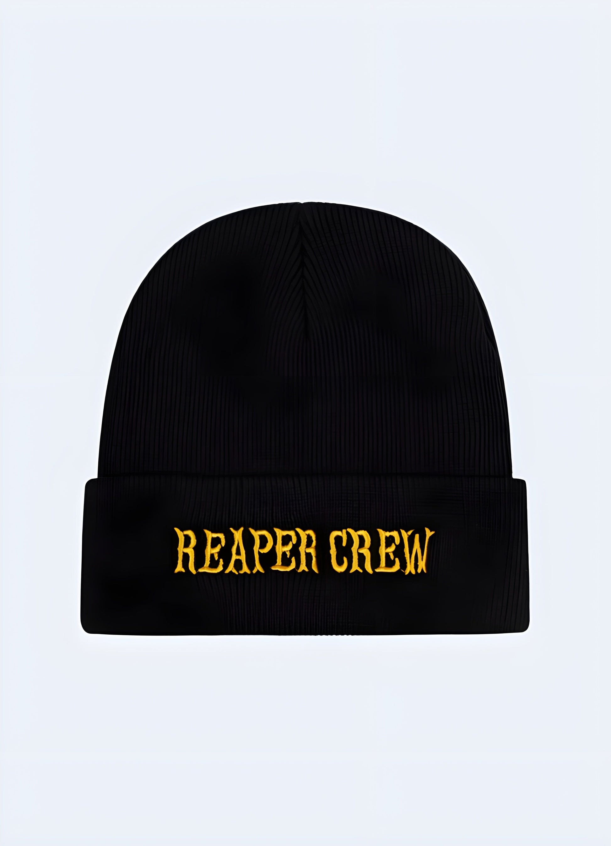  Front view of a model wearing a Reaper Crew beanie, showcasing the beanie's snug fit and bold design UK.