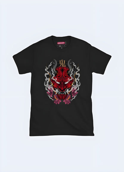 Front view of a red t-shirt with a menacing oni demon graphic, ideal for those who appreciate bold and eye-catching designs inspired by Japanese culture in the UK.