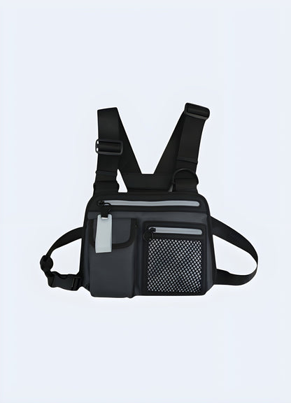 Reflective chest rig, UK. Enhances visibility and style.