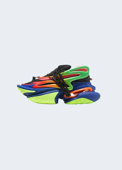 Side view of multicolor reflective techwear sneakers, boasting a bold and eye-catching design with reflective accents, perfect for making a statement in UK techwear fashion.