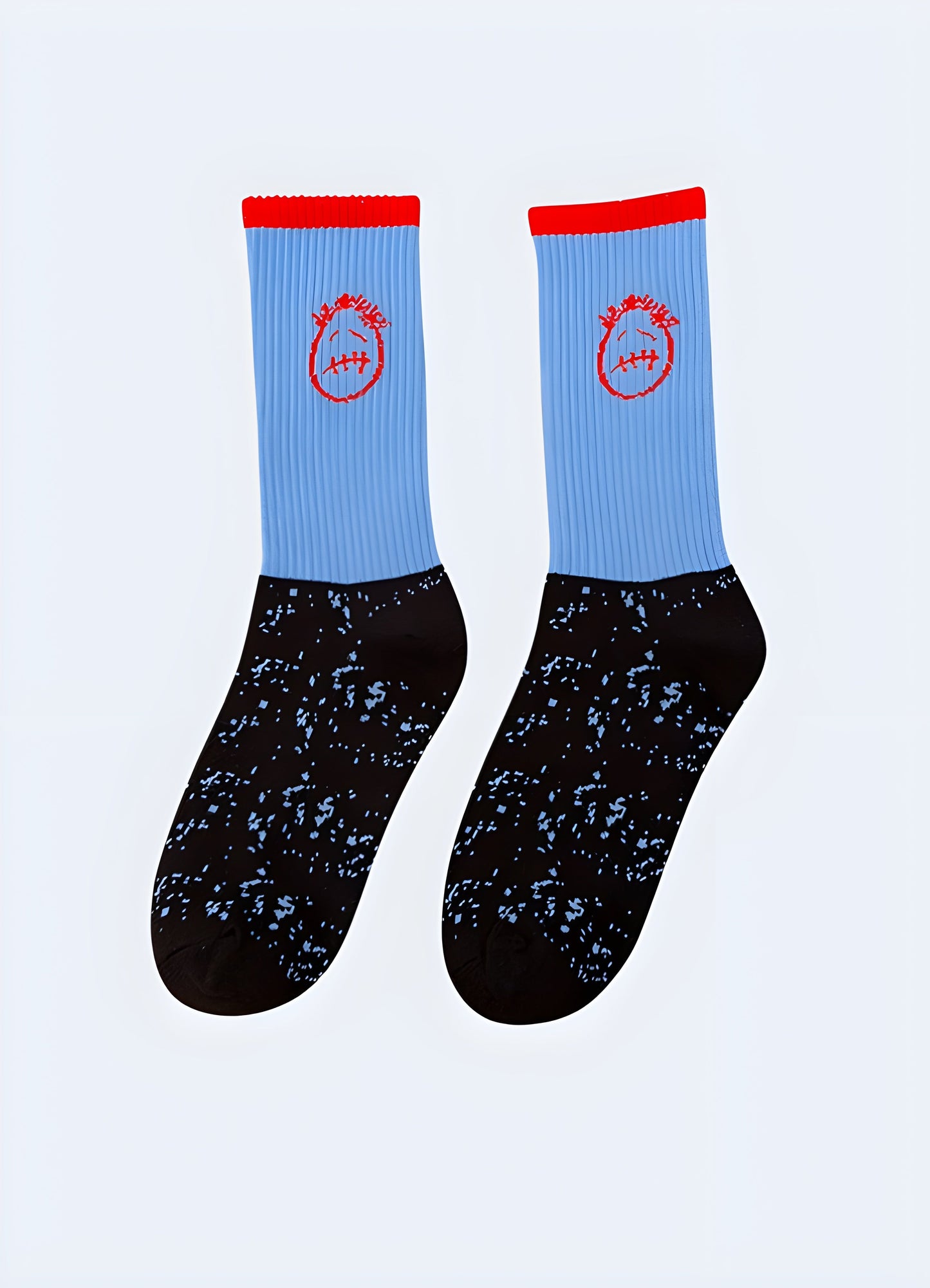 Side view of blue sad face socks, showcasing the adorable and emotive design that appeals to UK consumers looking for fun and playful accessories.