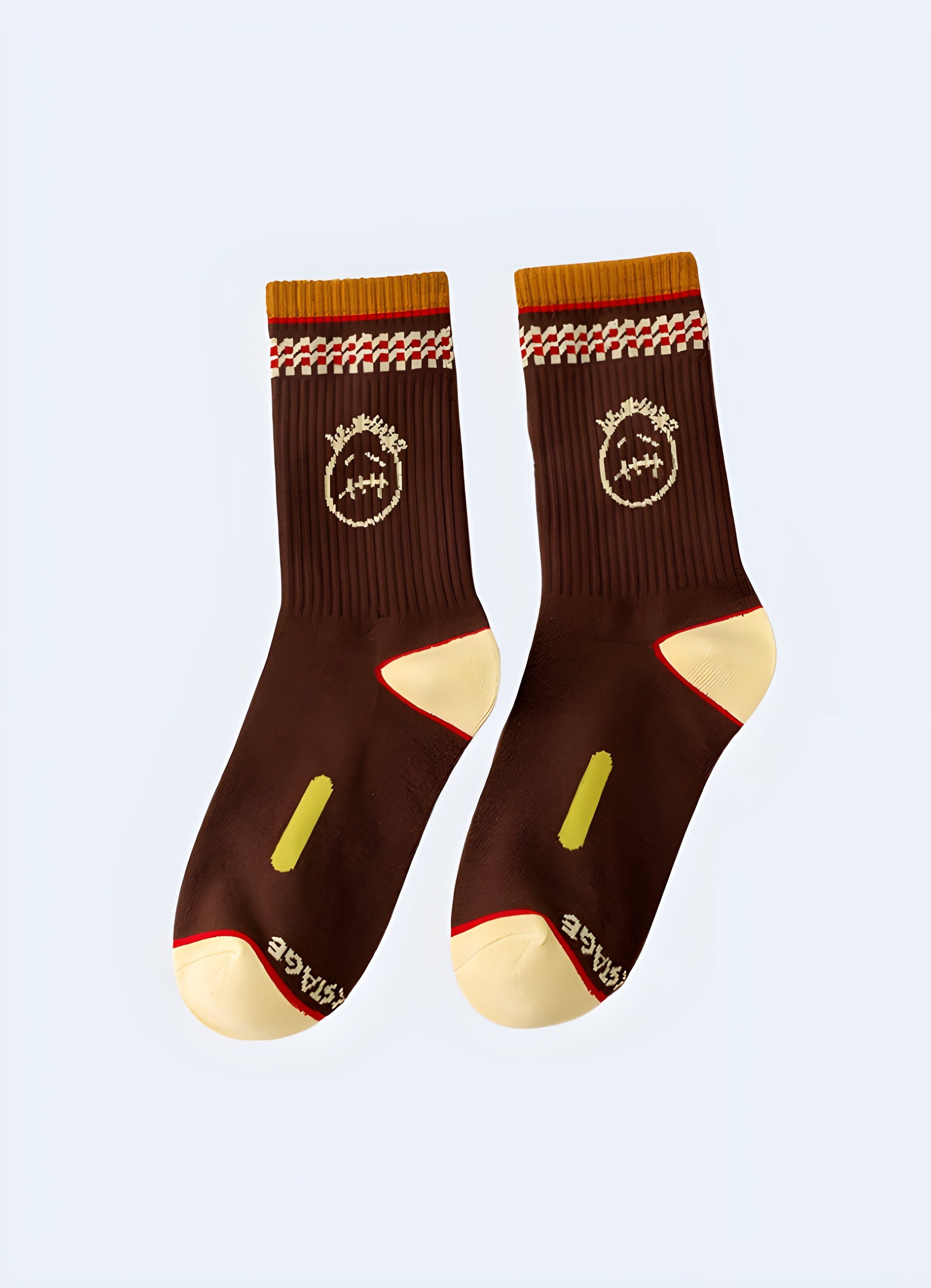 Brown sad face socks shown from the side view, featuring a distinctive and endearing design that caters to the tastes of UK consumers who appreciate unconventional fashion choices.