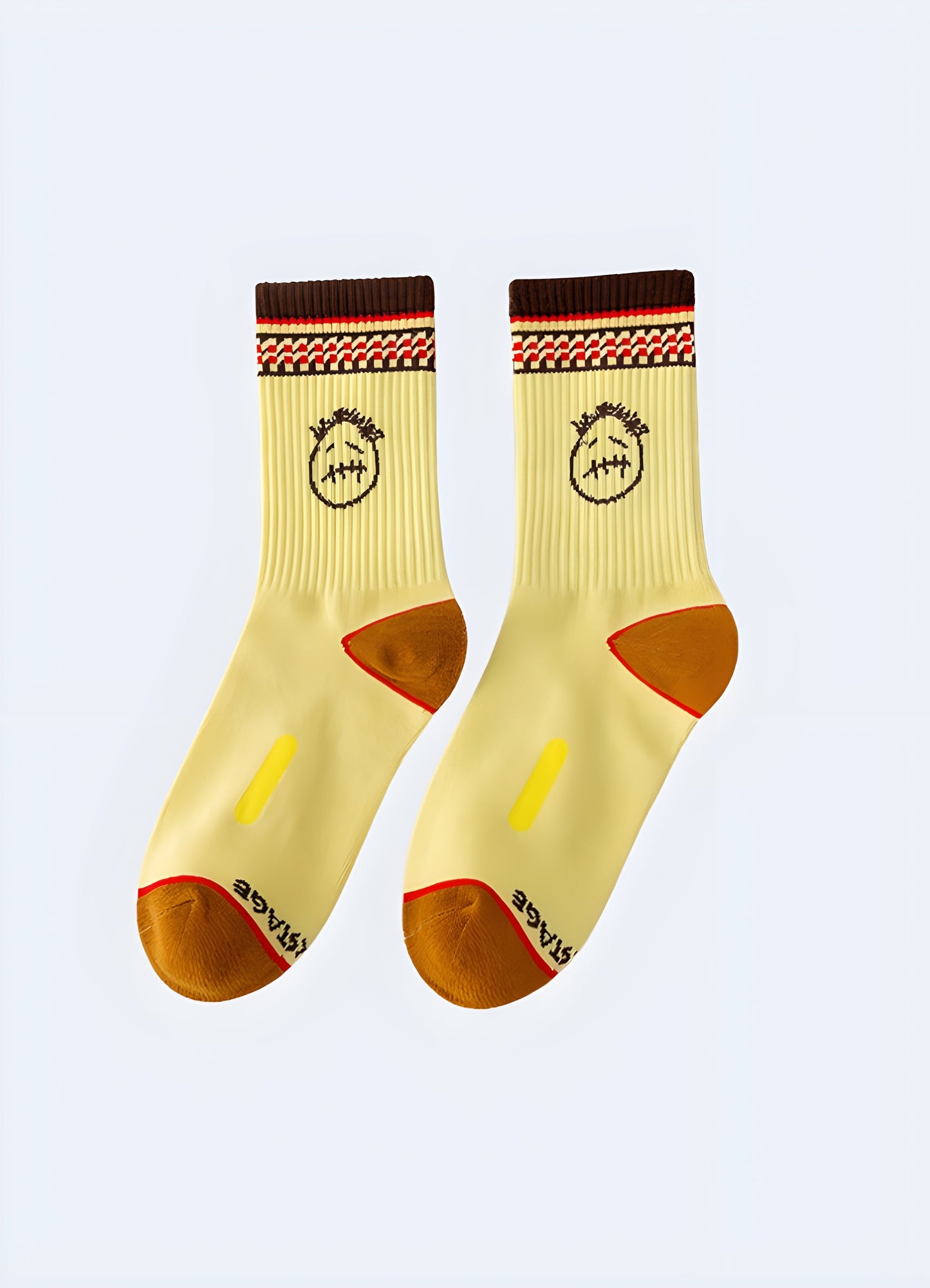 Yellow sad face socks displayed from the side view, highlighting the vibrant color and charming character that captures the hearts of UK fashion enthusiasts.