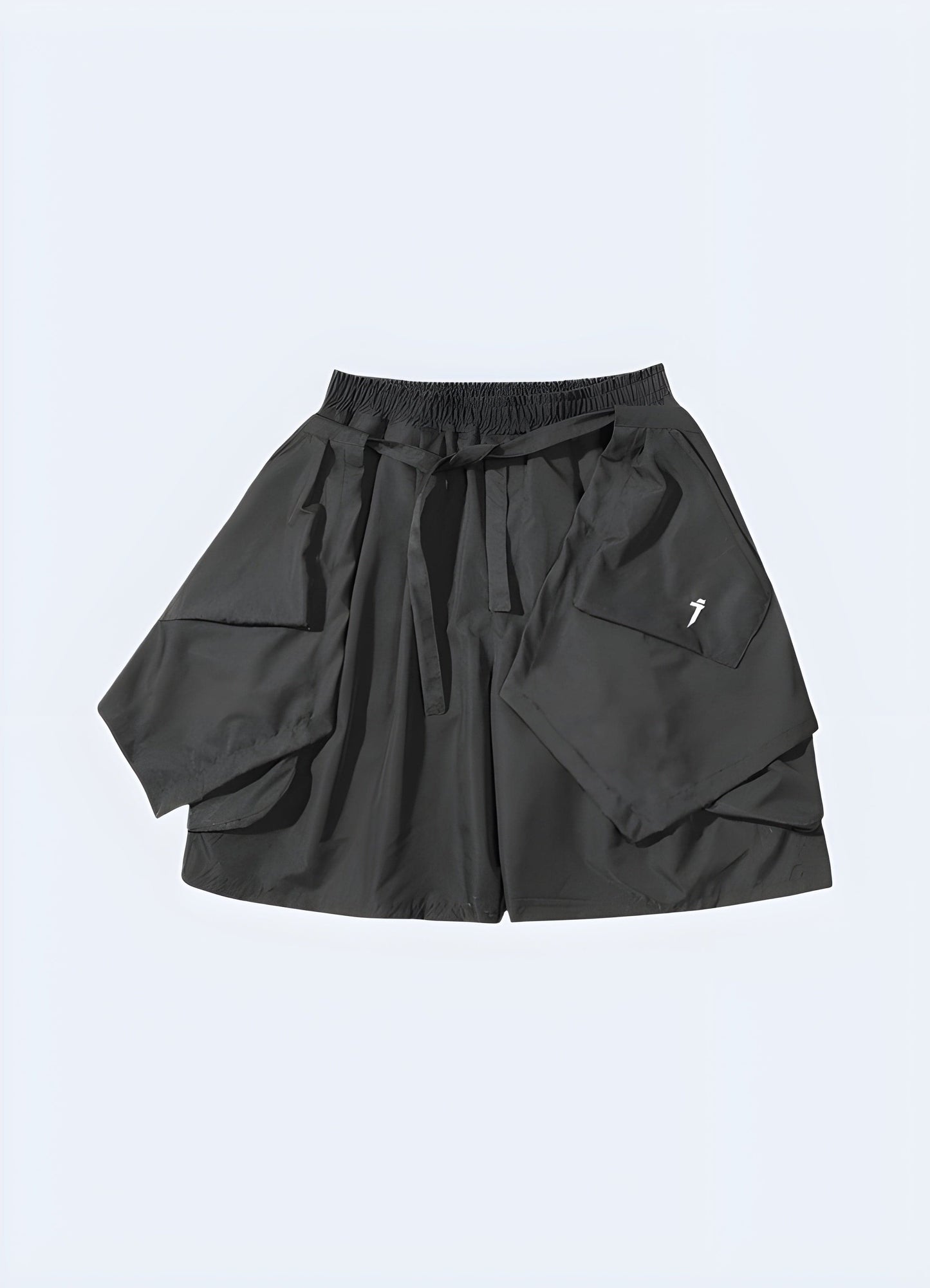 Front view of grey samurai shorts, featuring a striking design and modern interpretation of traditional Japanese style, suitable for the UK streetwear enthusiast.