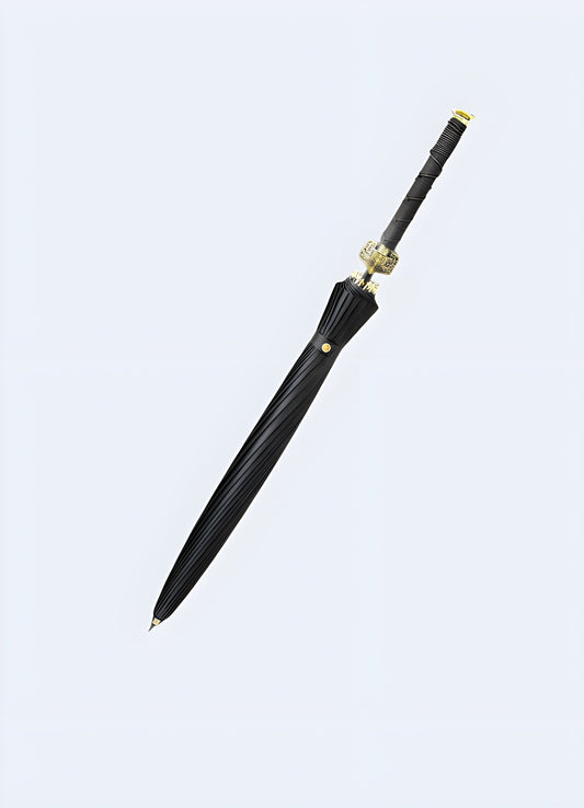 Samuari sword umbrella black front view. Front view of a black samurai sword handle umbrella with a long, sleek design, available in the UK.