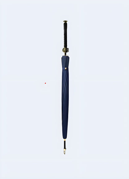 Samurai sword umbrella blue front view.