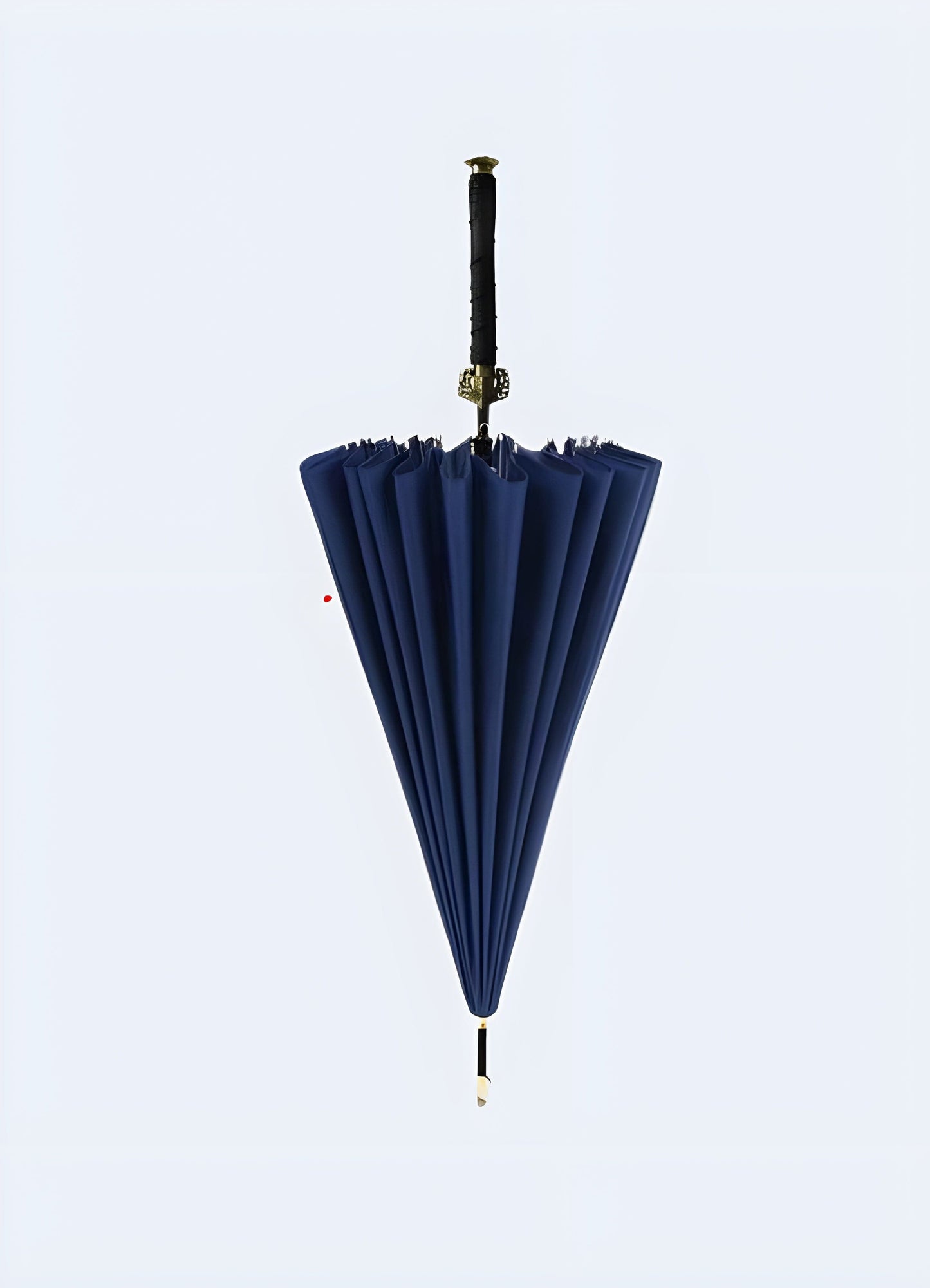 Samurai sword umbrella blue front view.Front view of a blue samurai sword handle umbrella showcasing a stylish, unique design, available in the UK.