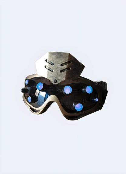 Front side view of a gold sci-fi cyberpunk mask with a blue shield. Features a modern design with bold color contrast.