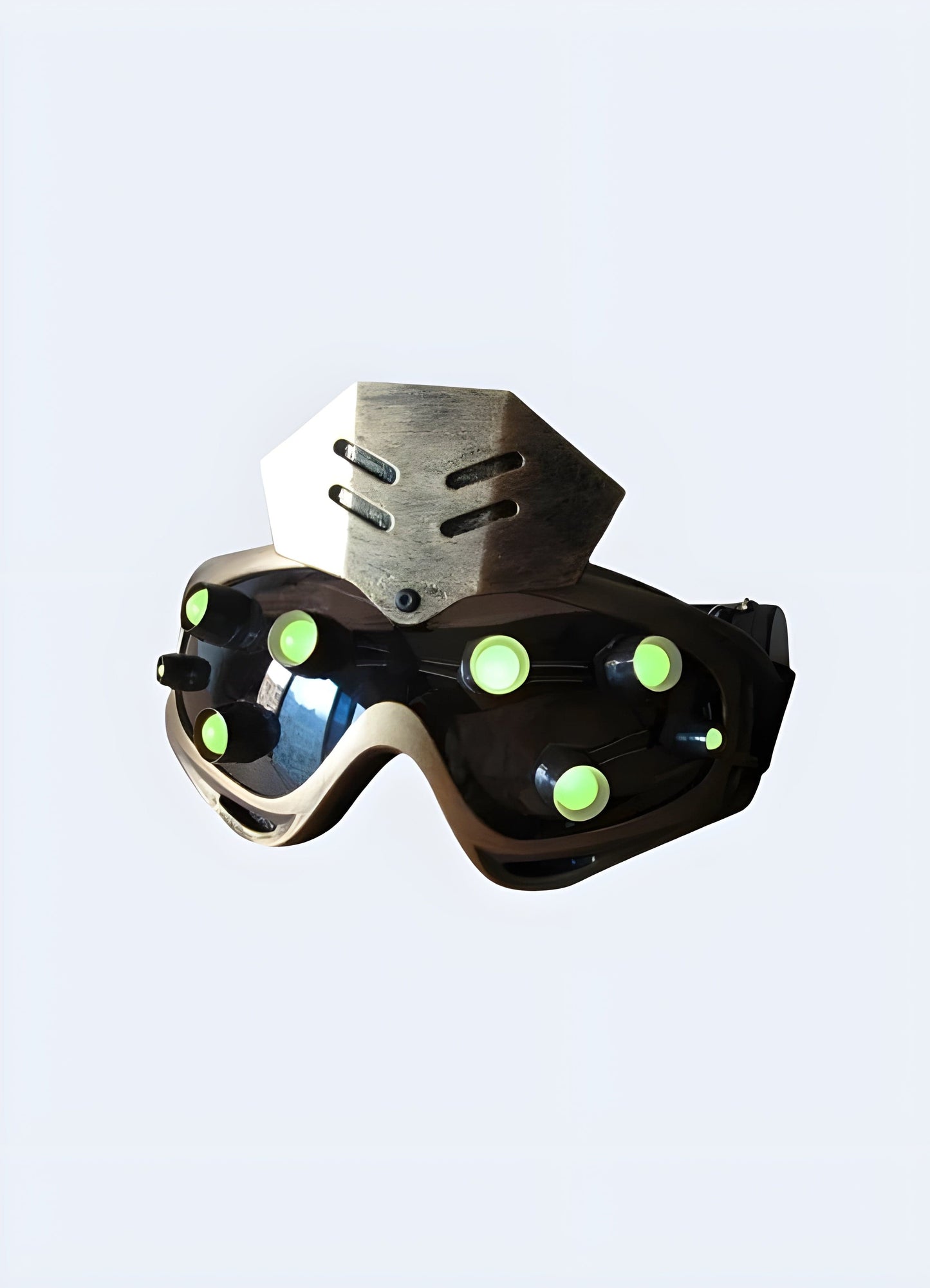 Front side view of a gold sci-fi cyberpunk mask with a green shield. Combines sleek design with eye-catching colors.