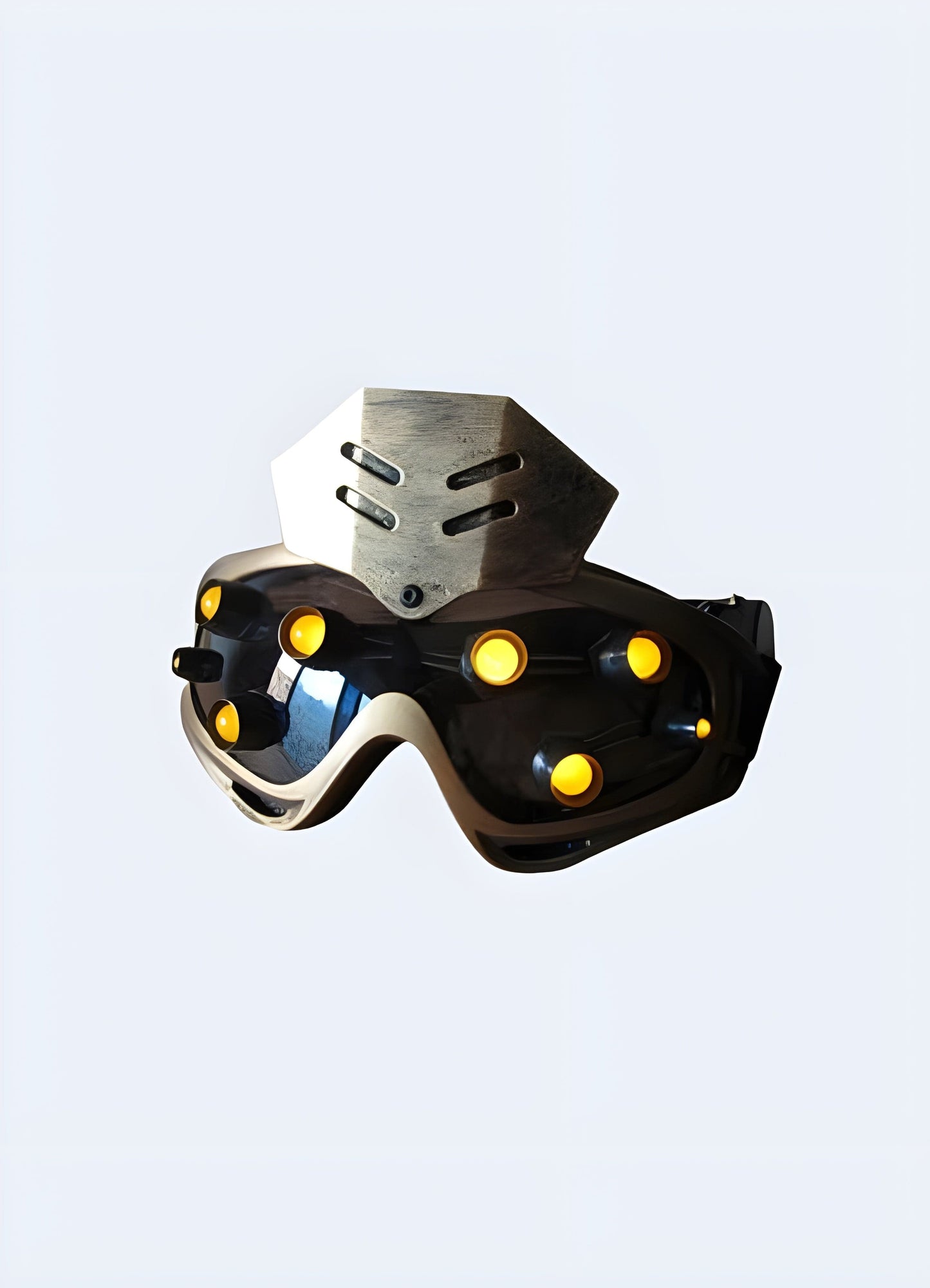 Front side view of a gold sci-fi cyberpunk mask with an orange shield. Ideal for a futuristic and dynamic appearance.