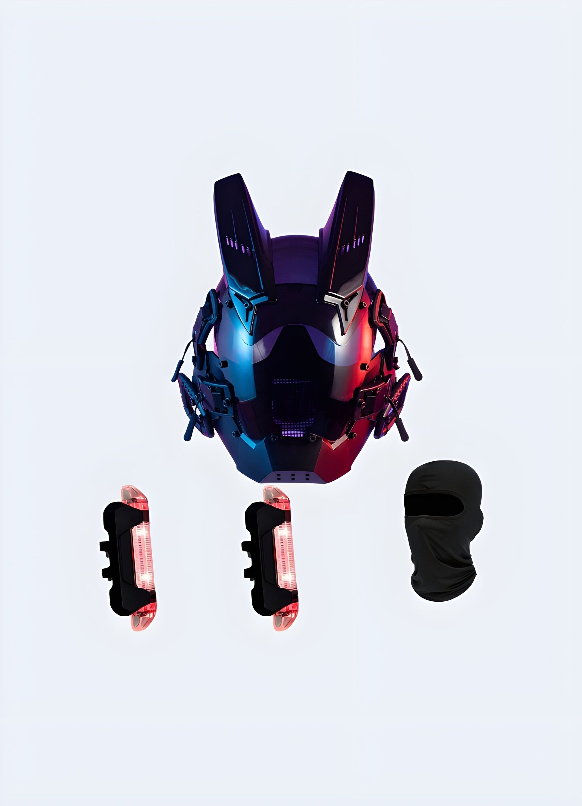 Sci-fi masks in front view, highlighting intricate details and advanced aesthetics, available for techwear fans in the UK.