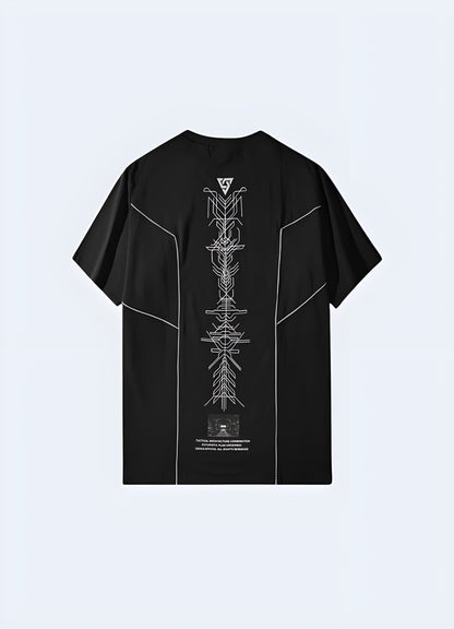 Back view of a black sci-fi shirt showcasing its unique design elements and high-quality materials, ideal for making a bold statement in the UK.