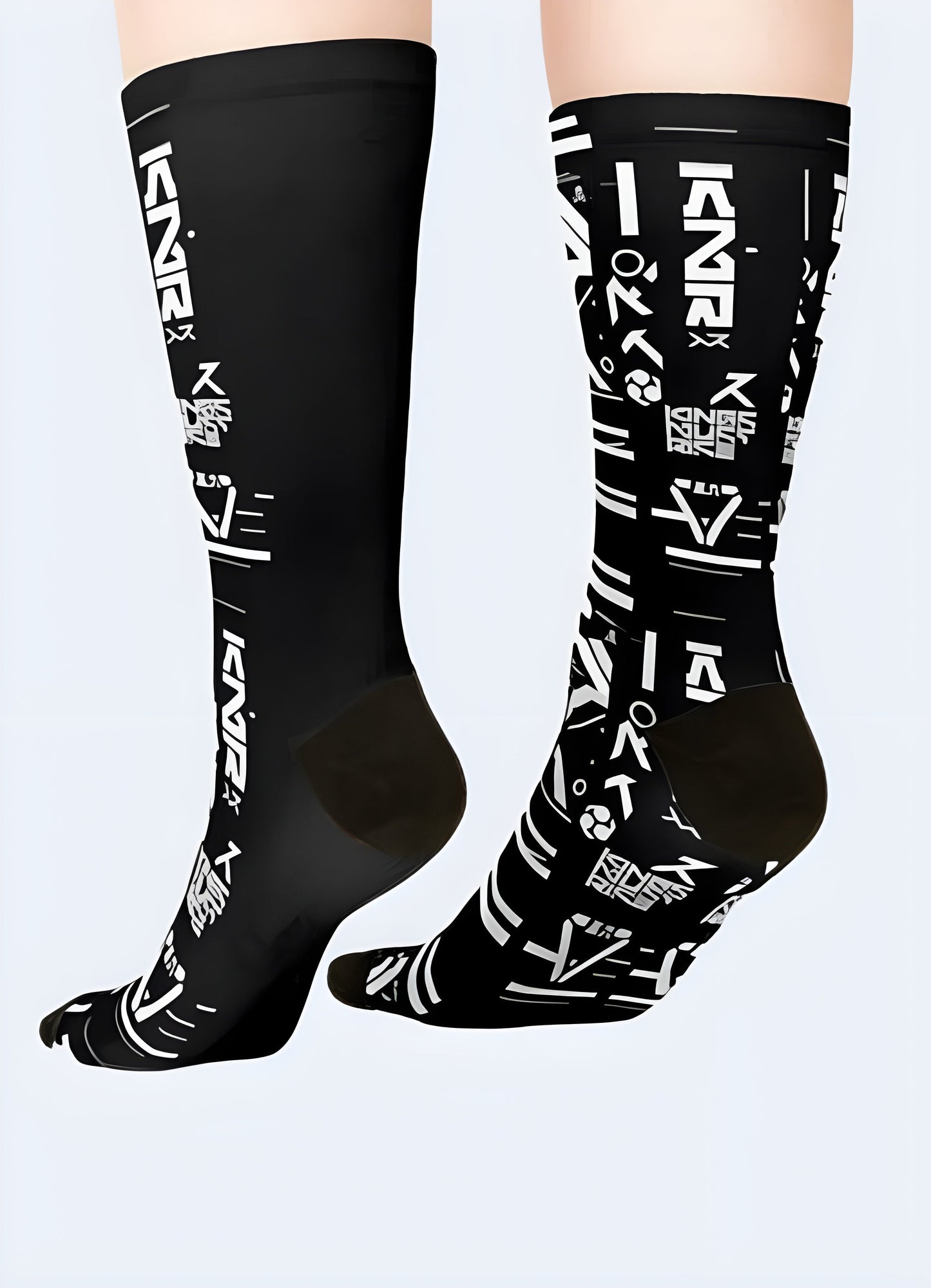 Back and side view of a model wearing sci-fi themed socks, displaying the intricate details and innovative style that captivates UK audiences.