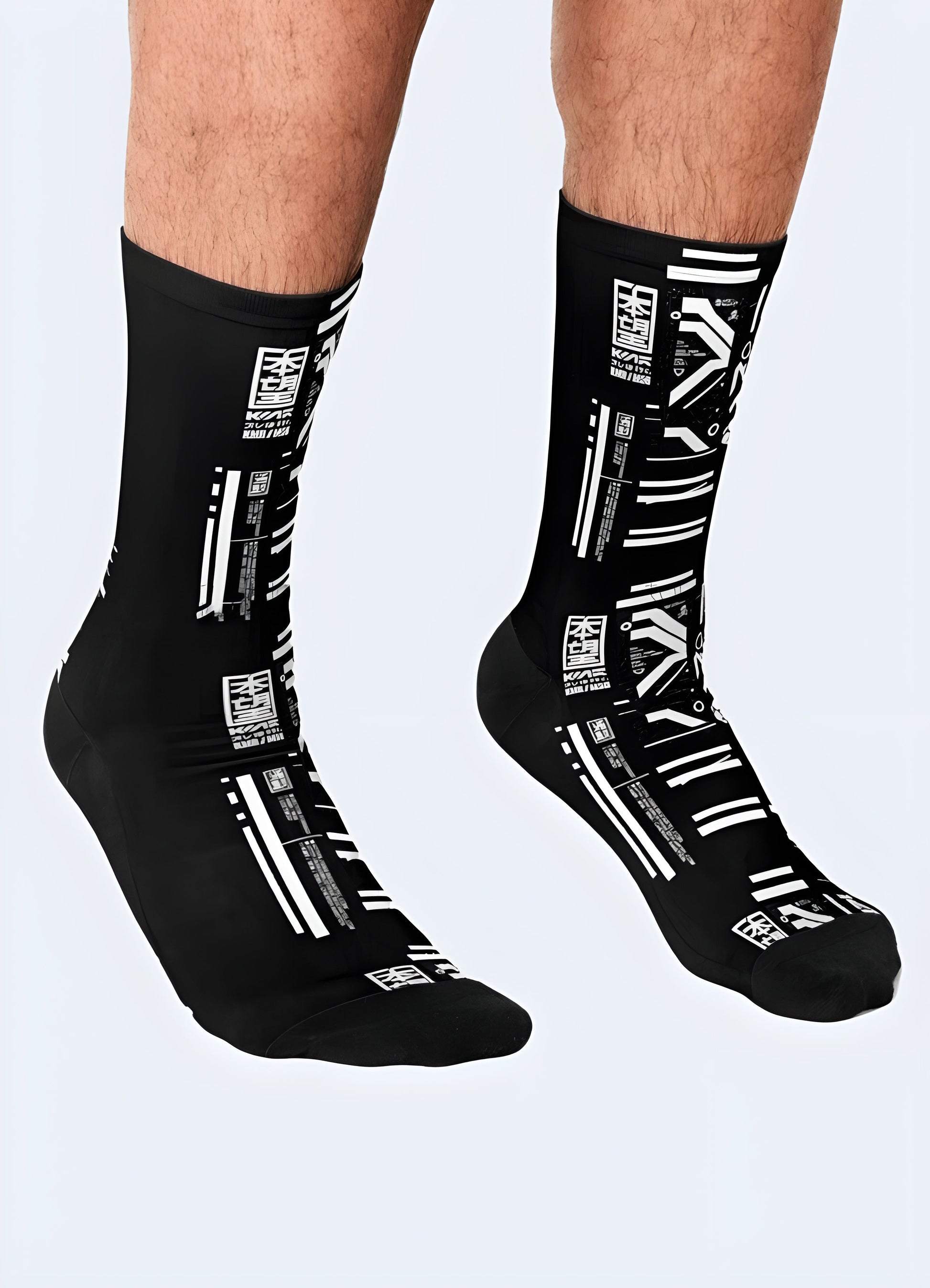 Model showcasing front and side view of sci-fi socks, featuring bold colors and imaginative patterns that appeal to UK fans of the genre.