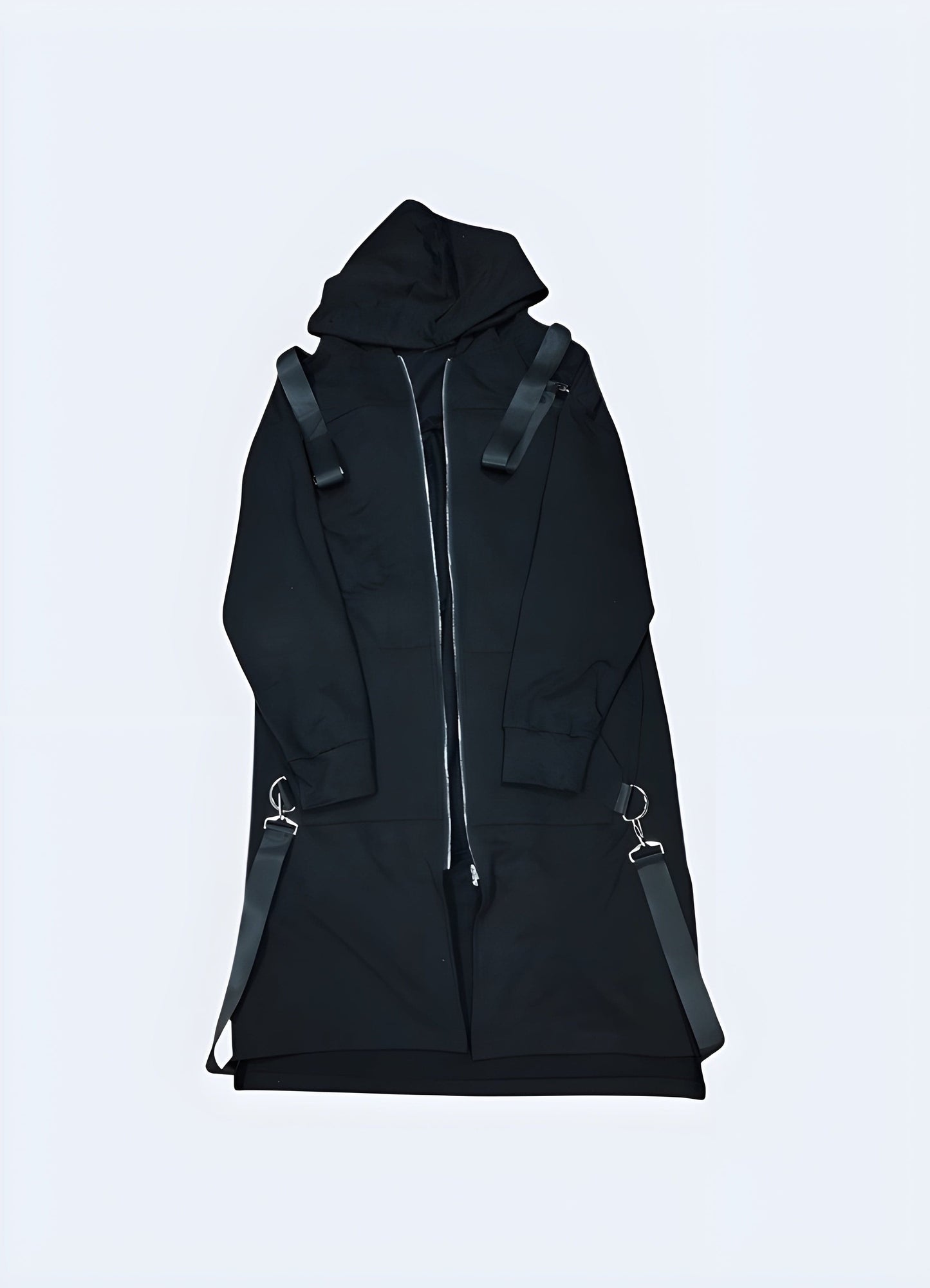 Front view of a sci-fi techwear cloak featuring a sleek and modern design, ideal for those who appreciate the fusion of science fiction and fashion in the UK.