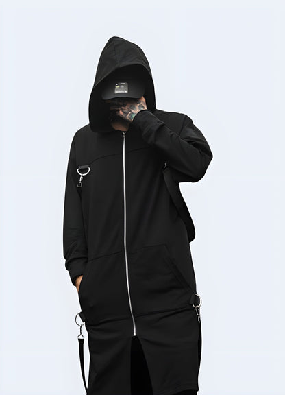 Innovative sci-fi techwear cloak designed for urban exploration and futuristic fashion, blending cutting-edge technology with avant-garde style in the UK.