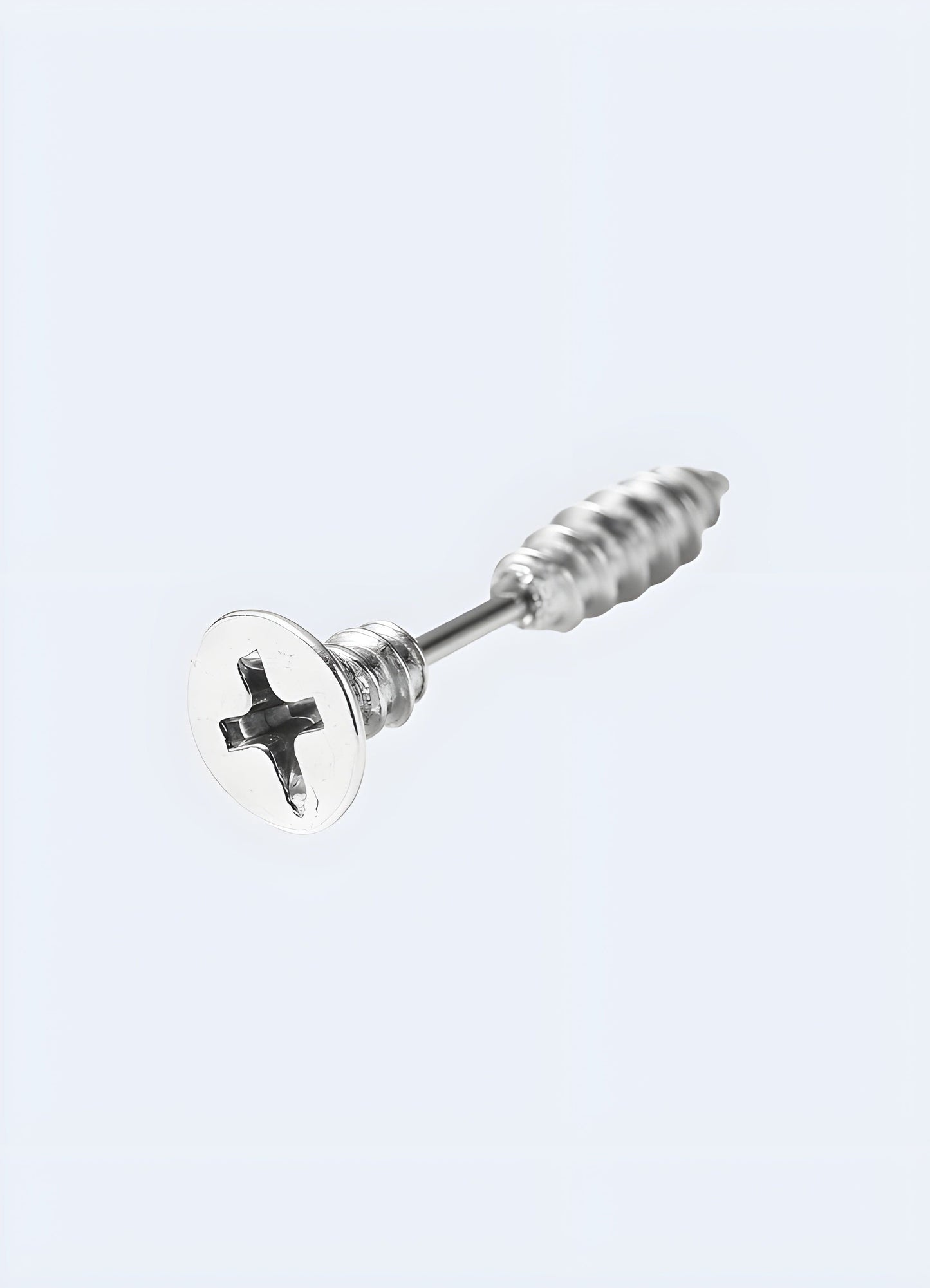 Gray screw-shaped techwear earring from the UK, showcasing a modern and minimalist design.