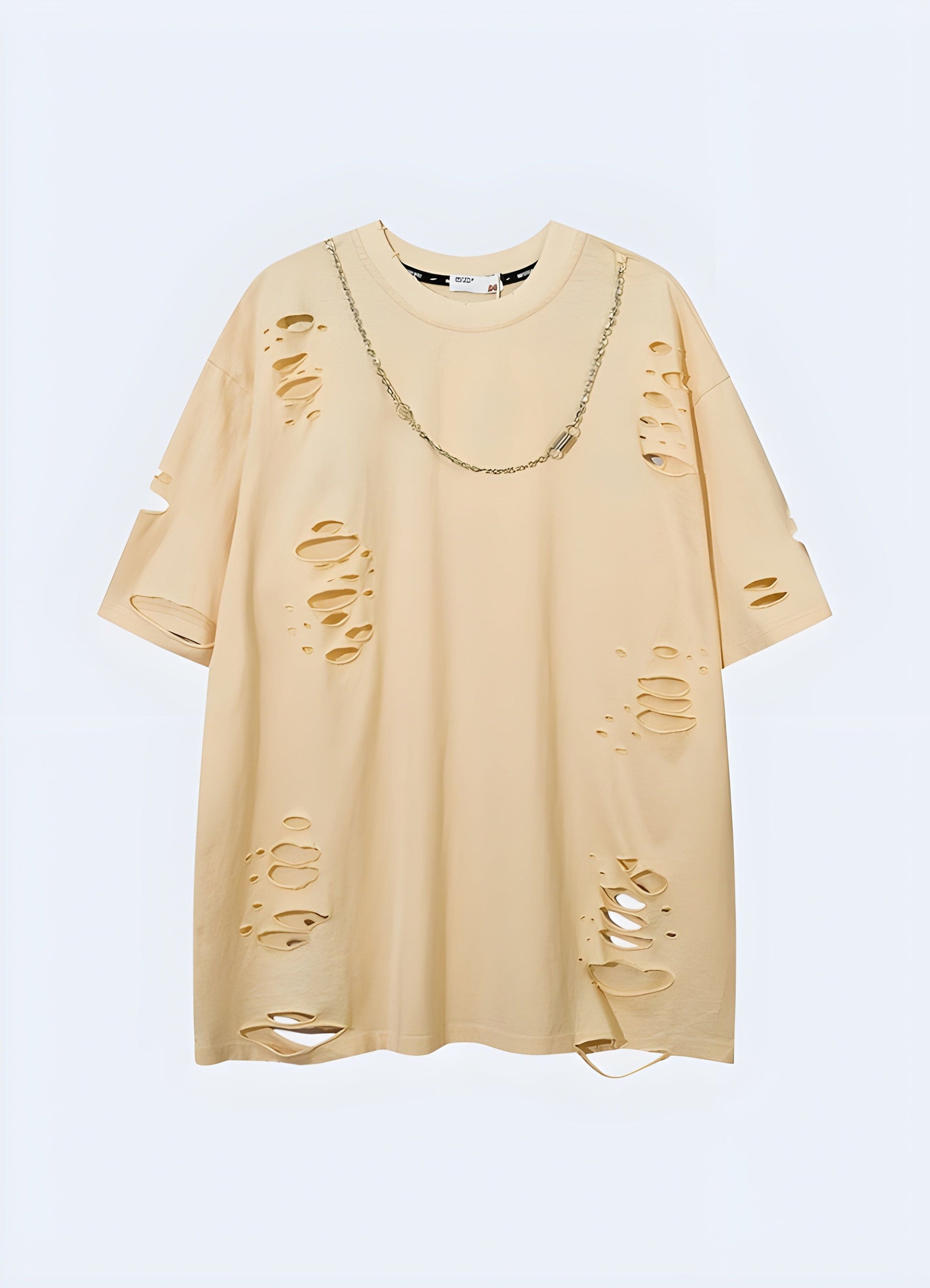 Front view of a beige shirt featuring stylish chain accents, perfect for fashion-forward individuals seeking a unique and bold look in the UK.