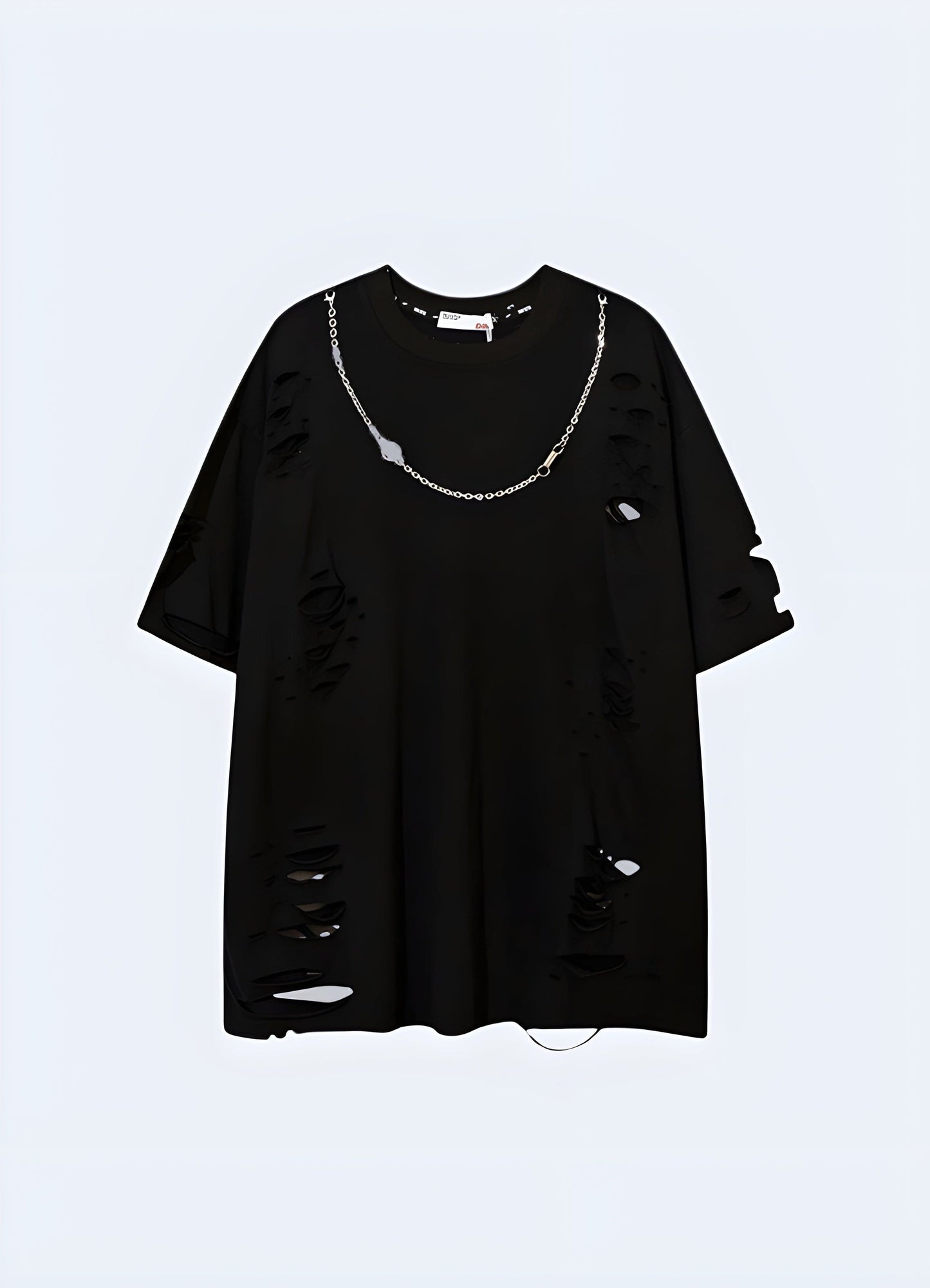 Edgy black shirt adorned with stylish chains, perfect for those seeking a bold and rebellious look in the UK.