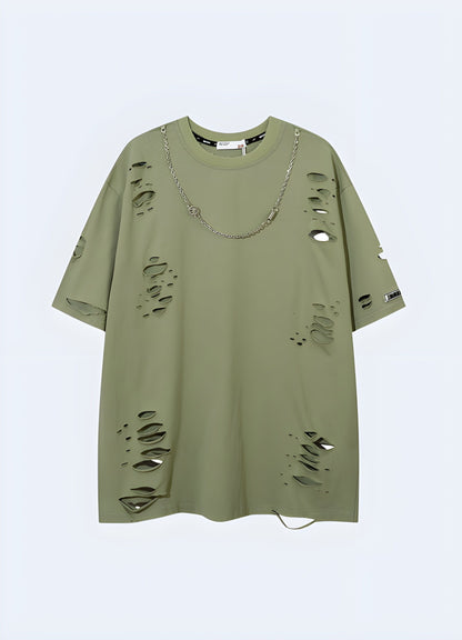 Front view of a green shirt with striking chain embellishments, perfect for making a daring fashion statement in the UK.