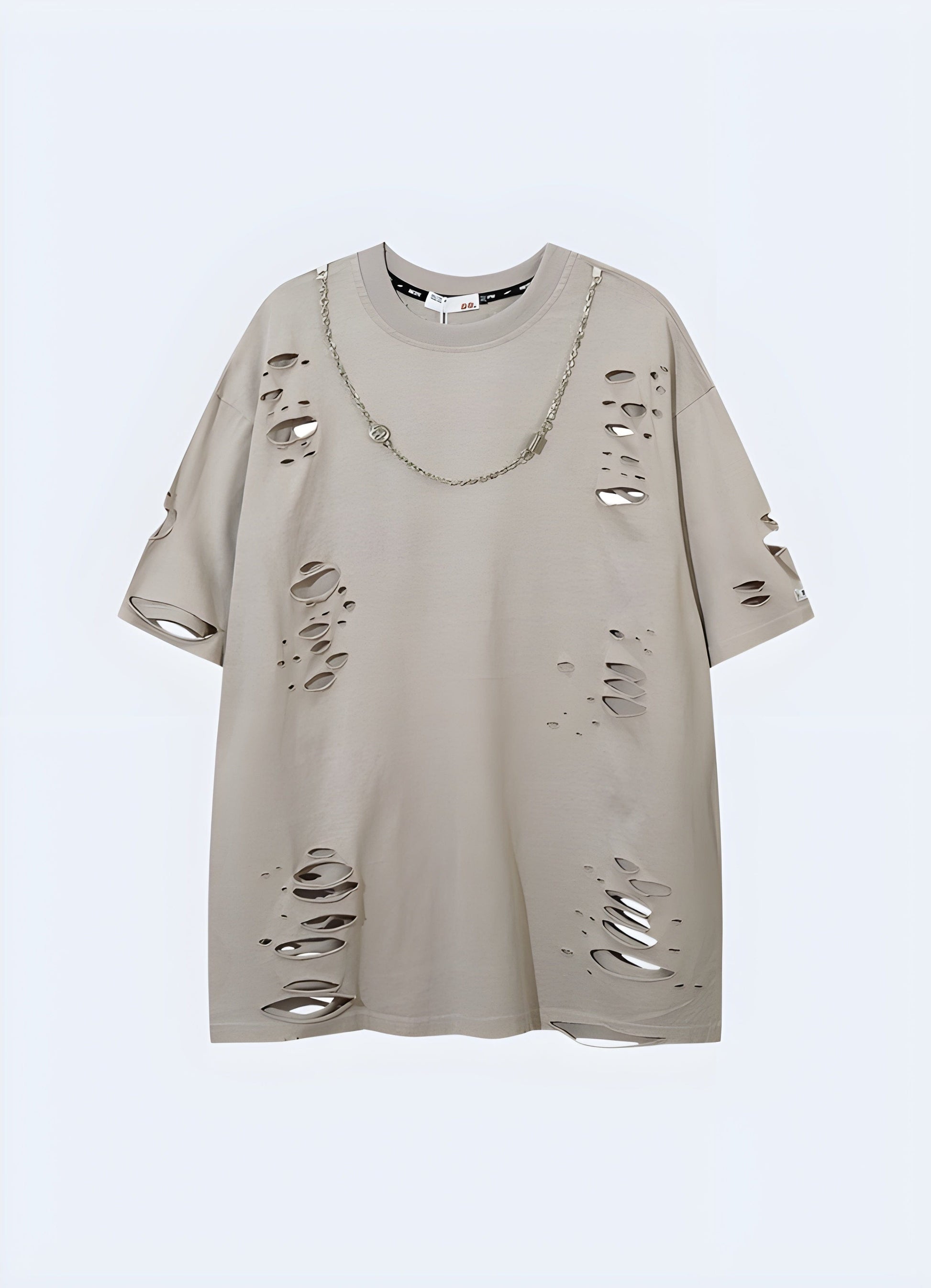 Front view of a grey shirt adorned with chic chain details, ideal for those who embrace an edgy and modern aesthetic in the UK.