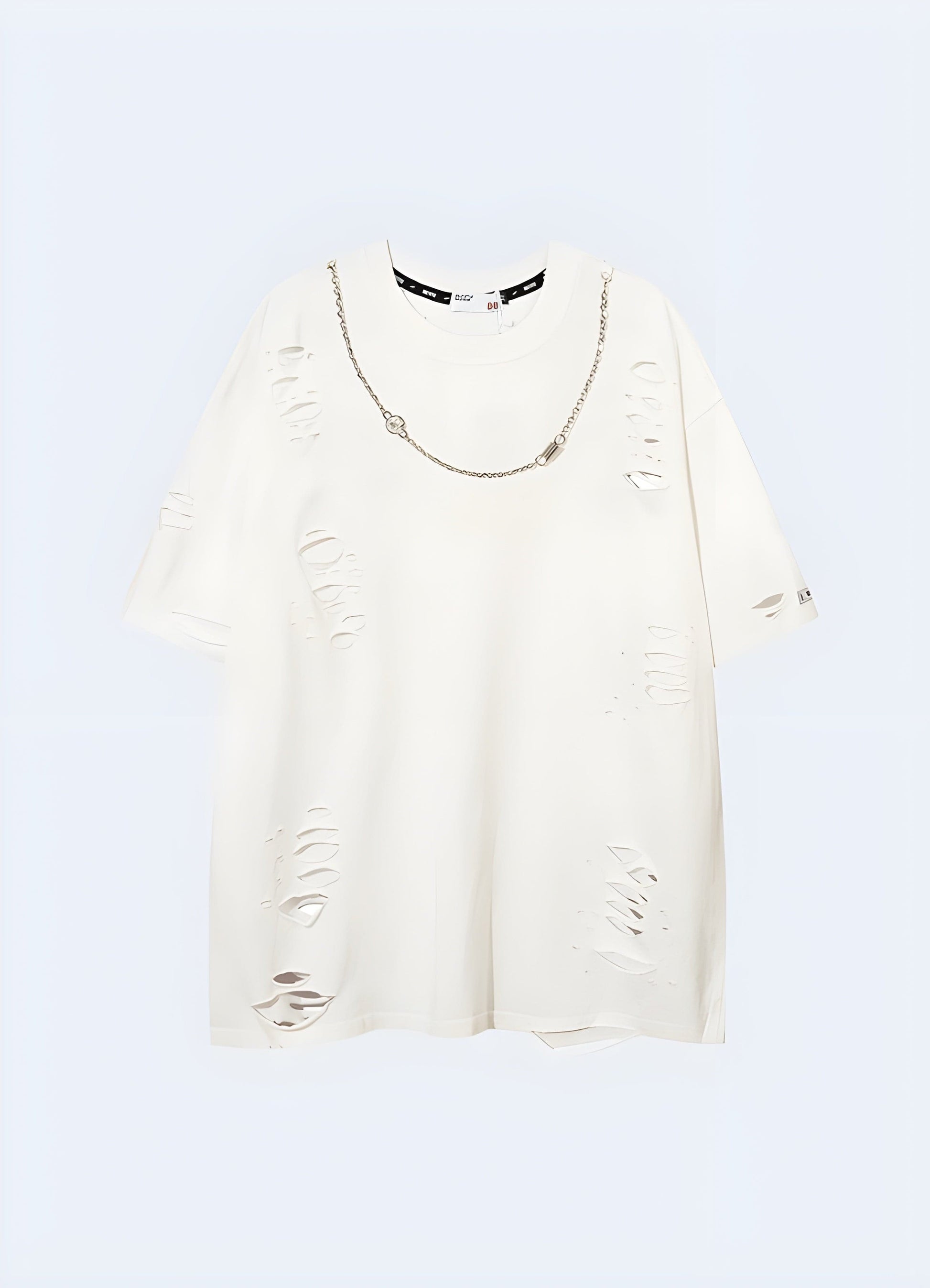 Front view of a white shirt featuring trendy chain details, ideal for fashion enthusiasts who appreciate an unconventional and eye-catching style in the UK.