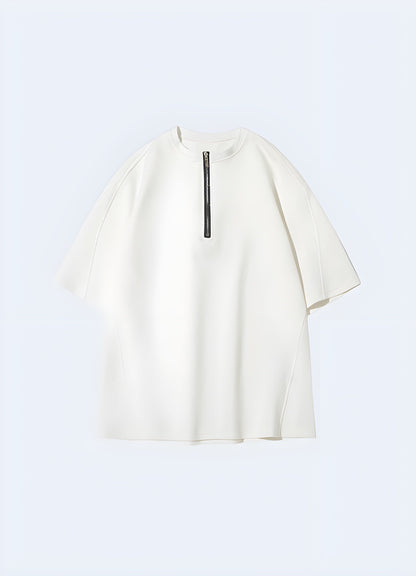 Front view of a white short sleeve zipper shirt, showcasing its clean design and functional zipper detail, ideal for modern and practical style in the UK.