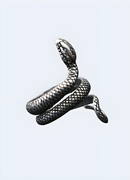 Silver snake ring in a side view, UK, emphasizing the detailed scales and curves.