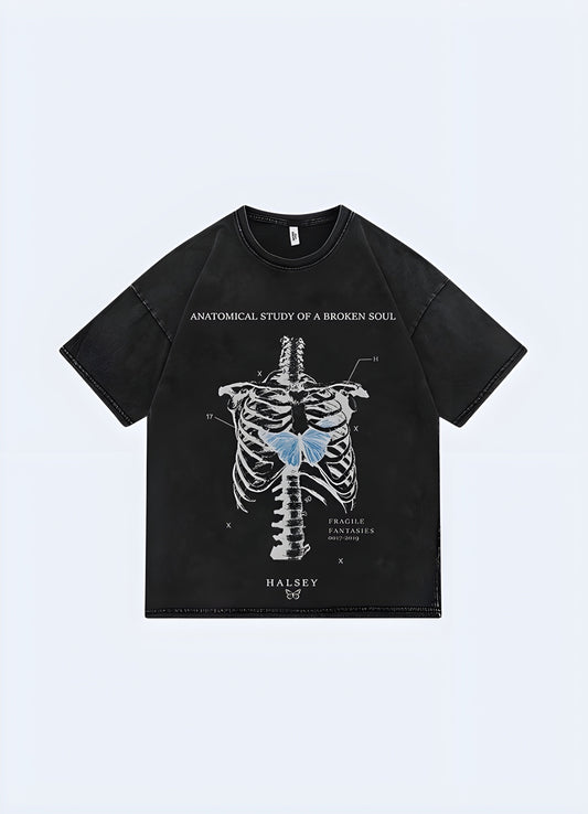 Edgy skeleton print t-shirt with a bold and eye-catching design, perfect for making a statement in the UK fashion scene.