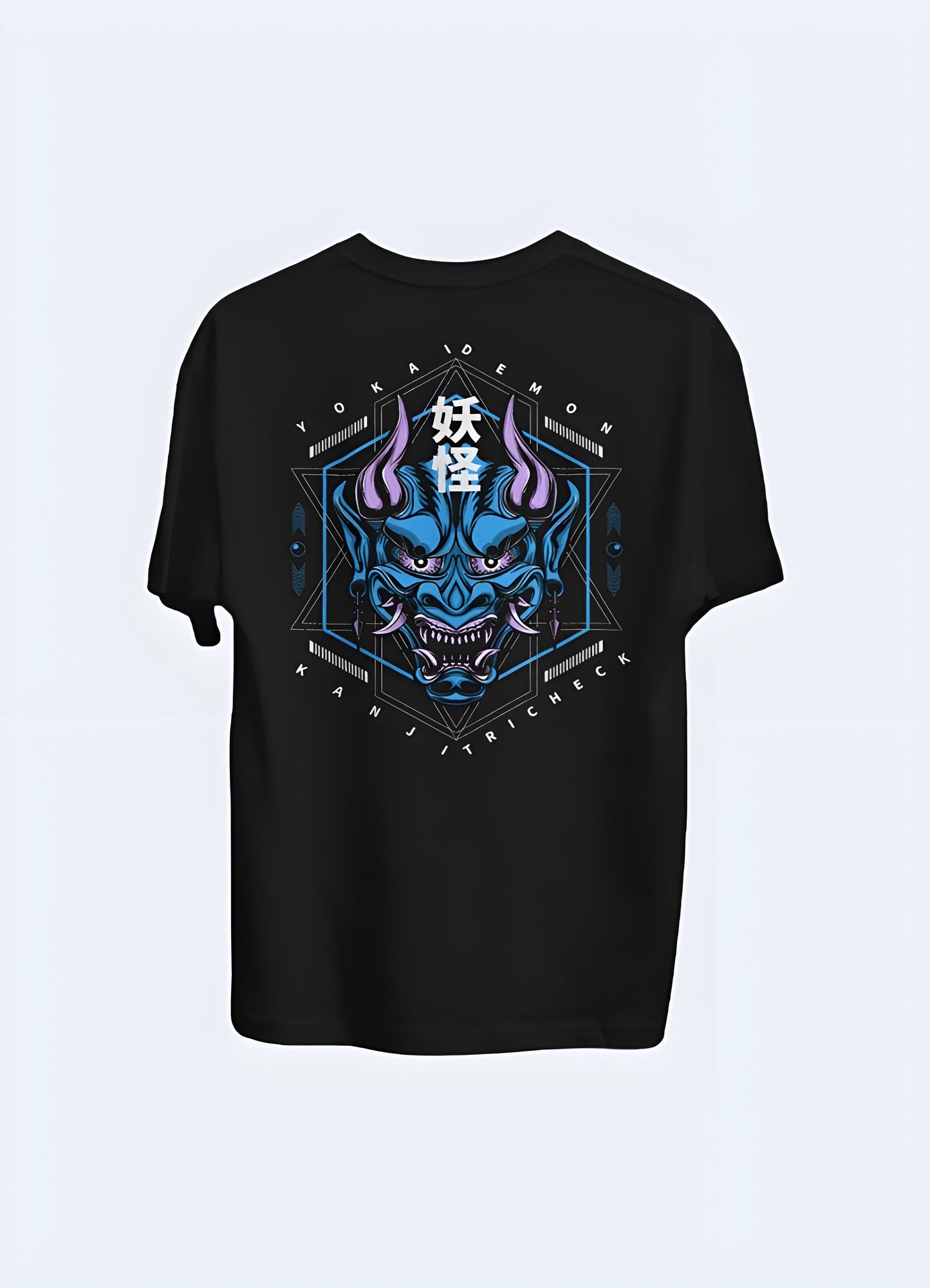 Front view of a sky blue t-shirt featuring a captivating oni demon illustration, perfect for fans of Japanese art and mythology in the UK.