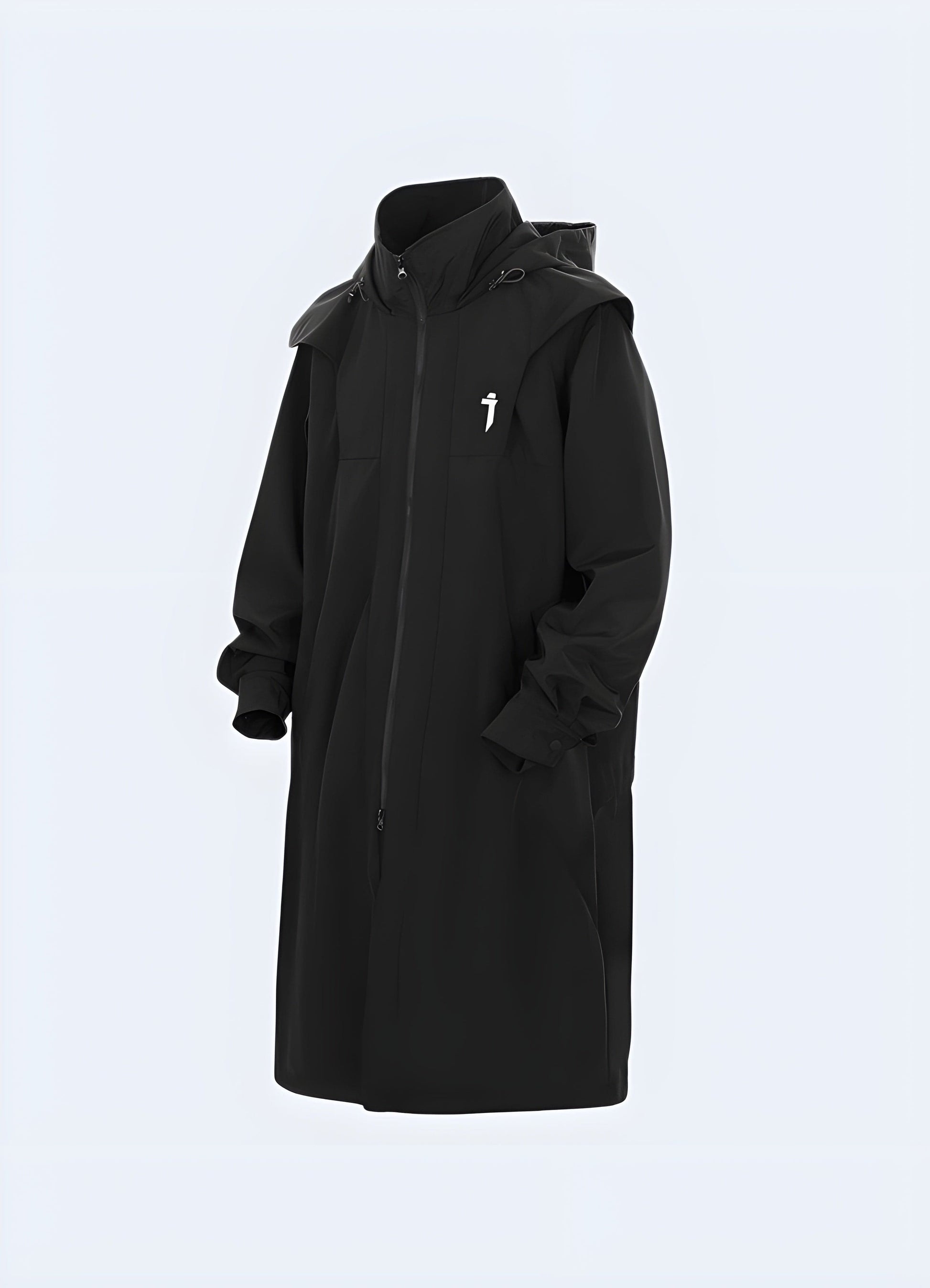 Front view of a sleek silhouette streetwear trench coat, featuring clean lines, cutting-edge construction, and urban-inspired style, ideal for UK trendsetters and fashion enthusiasts looking for a sophisticated outerwear option.