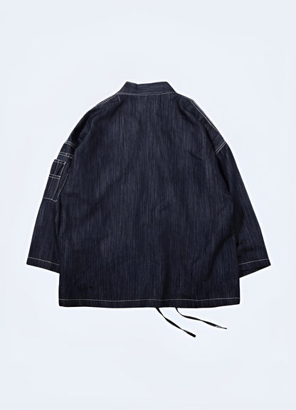 Sleek silhouette of a Japanese blazer, back view, emphasizing its sophisticated design and superior tailoring, a must-have for UK fashion enthusiasts.