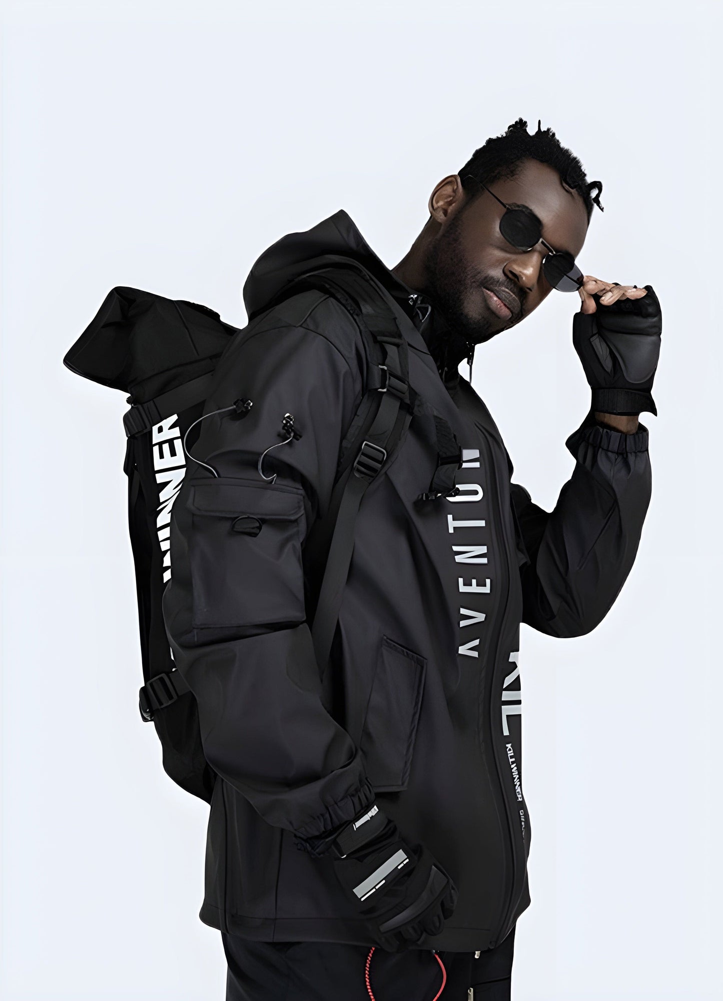 Side view of a sleek and futuristic techwear windbreaker, ideal for modern urban style in the UK.