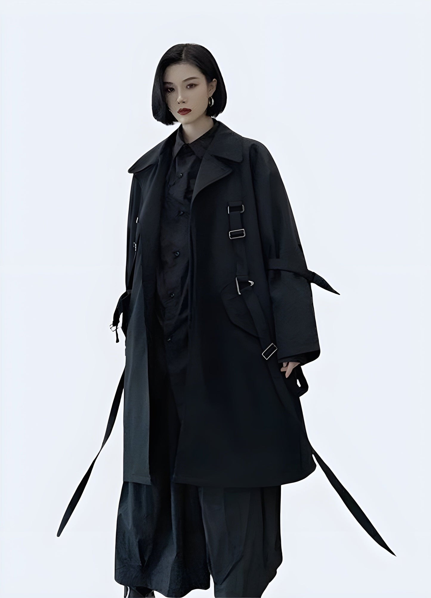 Side view of a slim-tailored Japanese trench coat, perfect for a sophisticated look in the UK.