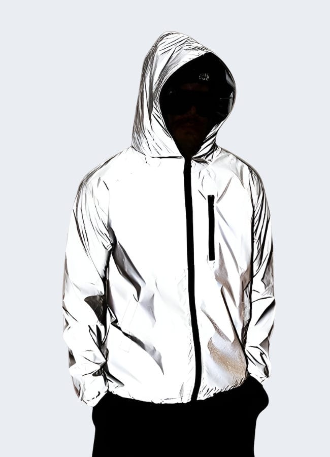 Futuristic silver reflective jacket, perfect for making a bold statement in UK streetwear fashion.