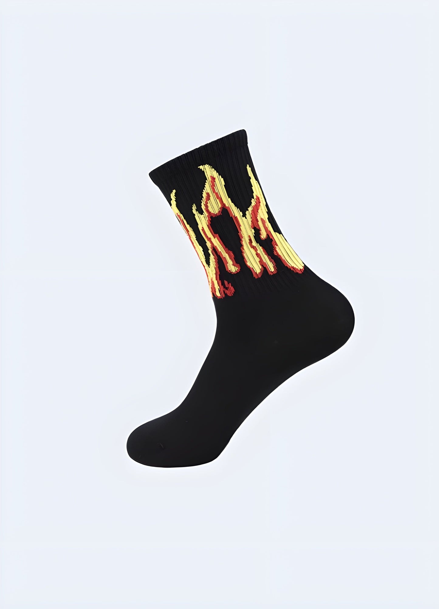 Black socks with flames, side view, trendy streetwear accessory in the UK