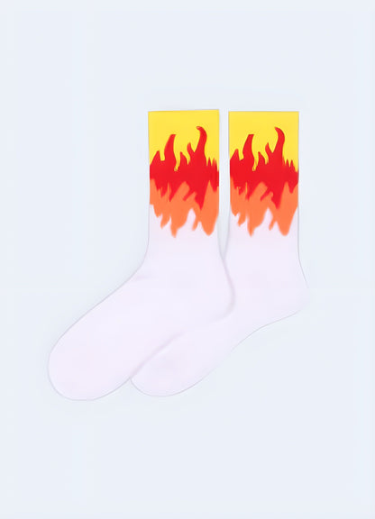 Side view of white socks featuring vibrant flame patterns, showcasing the eye-catching design that appeals to UK fashion enthusiasts seeking a bold statement piece.