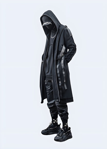 Side view of a model wearing a stylish techwear overcoat, showcasing its versatility and appeal for UK consumers seeking a high-tech and fashionable outerwear solution.