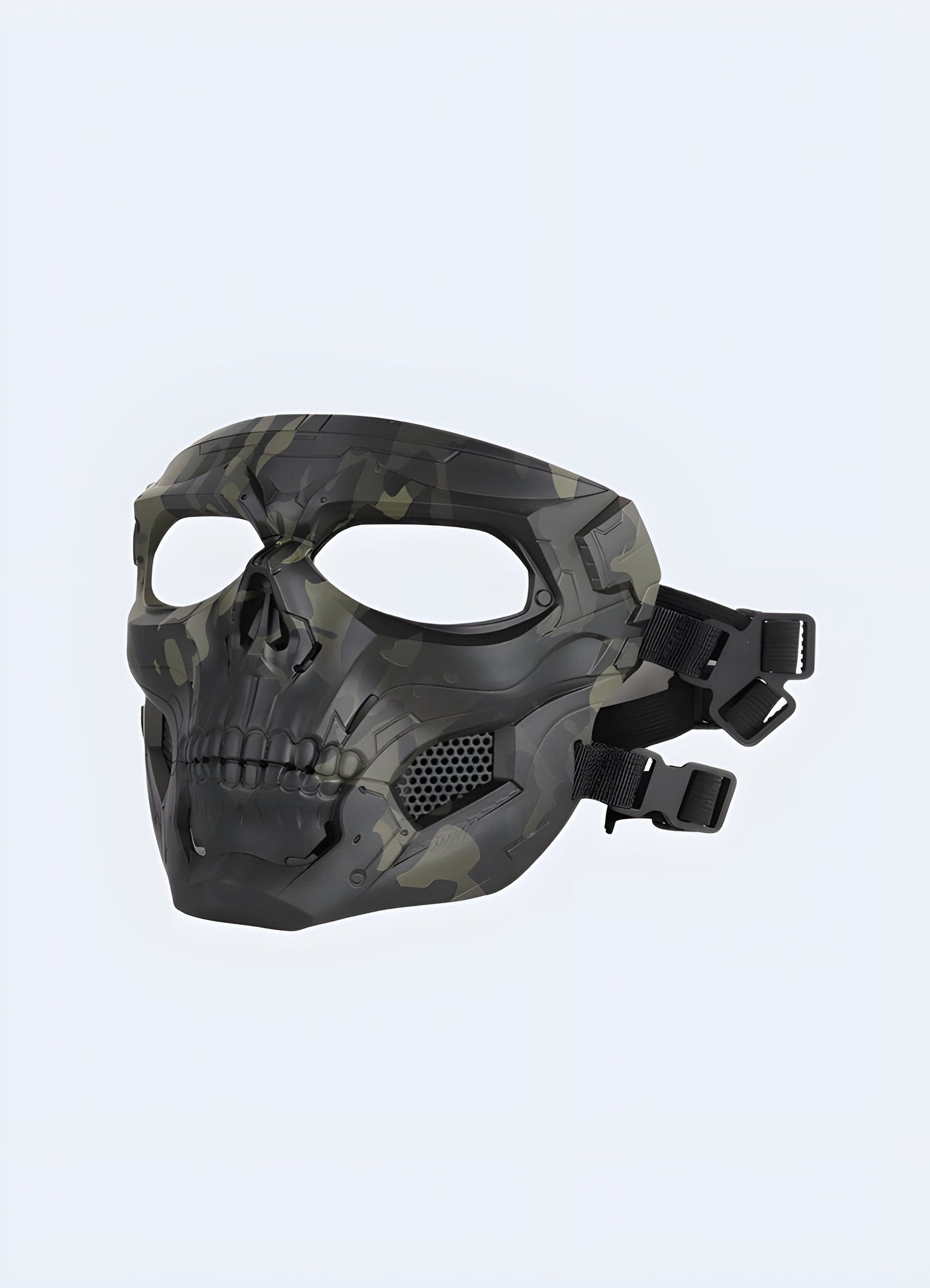 Front side view of Spec Ops jaw protector in black camouflage pattern. Combines stealth aesthetics with robust protective features.