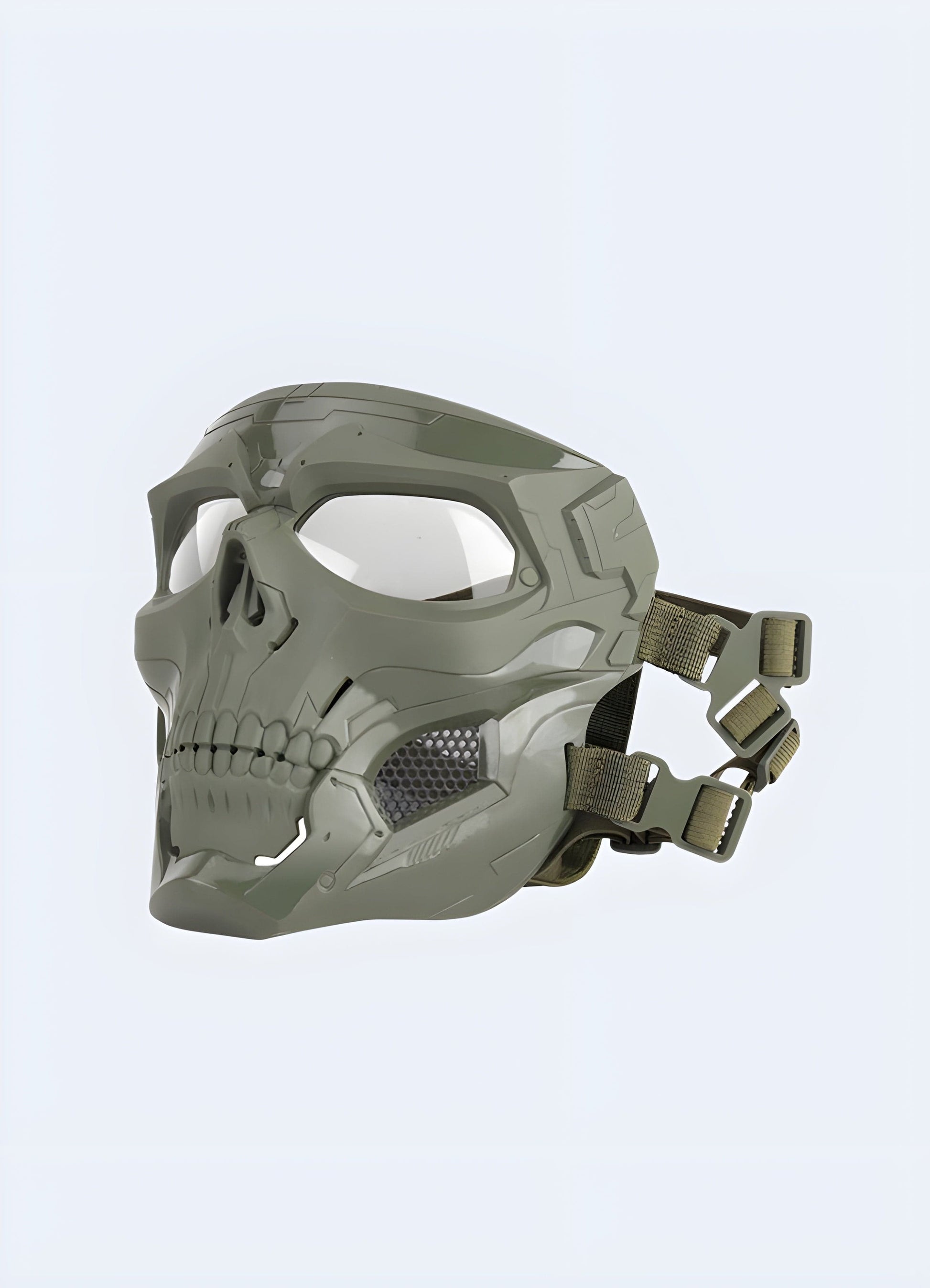 Front side view of Spec Ops jaw protector in green with a robust build. Ideal for outdoor and tactical scenarios.