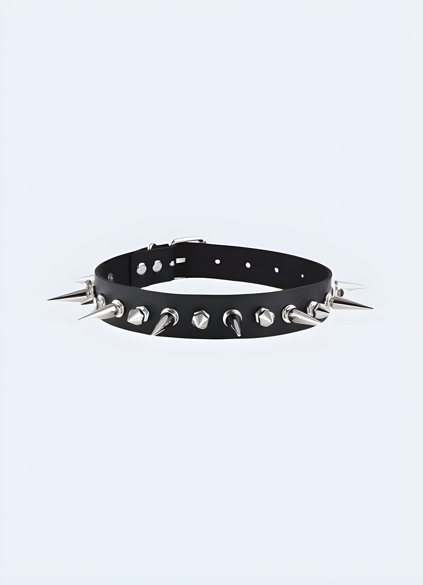 A striking front view of a spike choker necklace, showcasing its sharp, metallic spikes and sleek design, set against a plain backdrop for maximum impact.