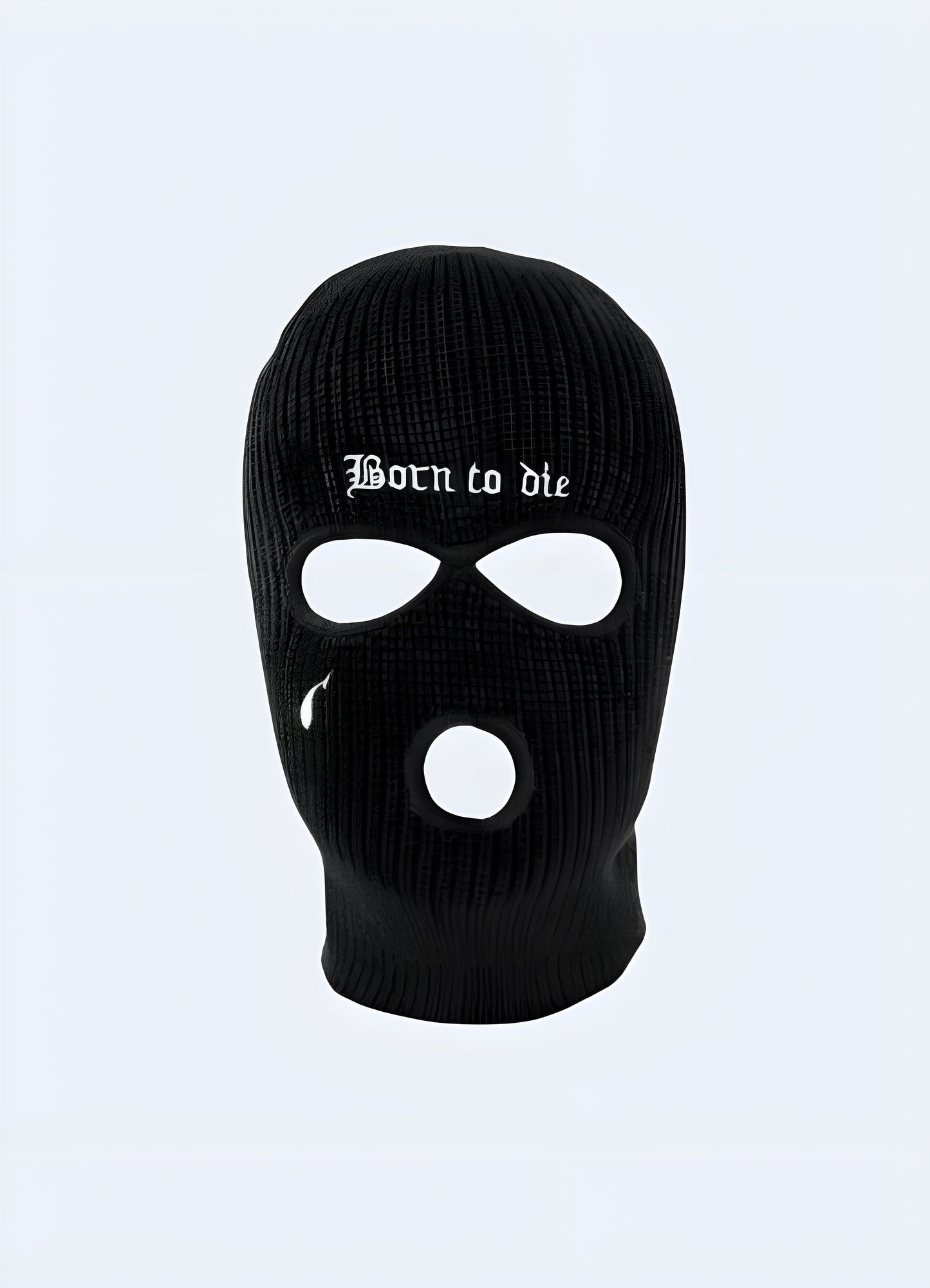 Front view of a black stealth balaclava hood featuring the bold 'Born to Die' print. Ideal for those seeking a blend of style and functionality. Crafted from premium, breathable fabric for all-day wearability and protection UK.