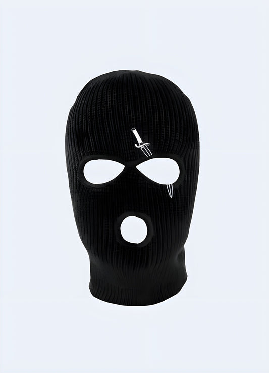 A black stealth balaclava hood with a sleek, minimalist design. Perfect for outdoor activities and providing full face coverage. Made with high-quality, breathable material for maximum comfort and durability UK.