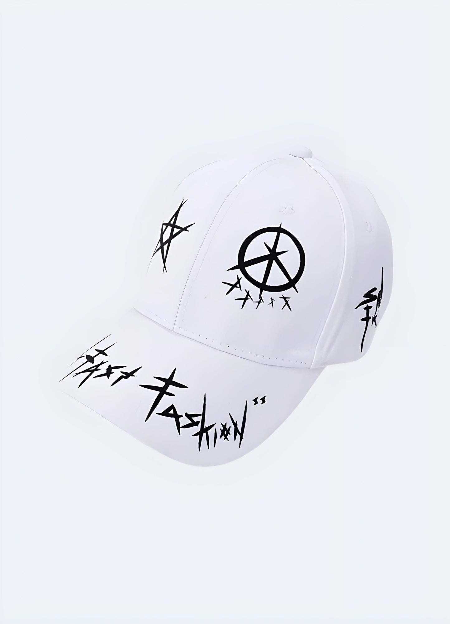 Black street goth cap with white accents, front view, UK. Bold and modern accessory for a goth-inspired look.