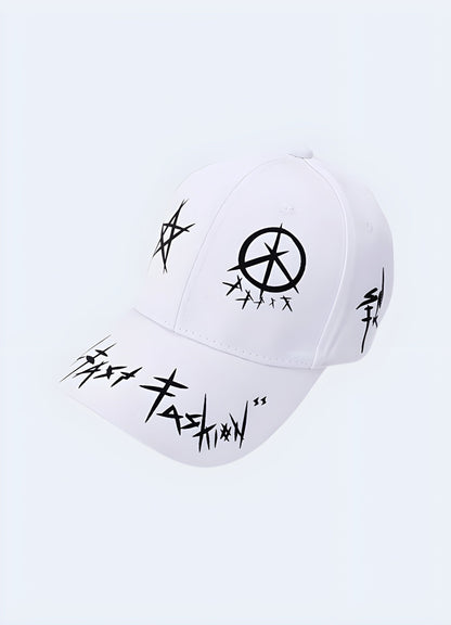 Black street goth cap with white accents, front view, UK. Bold and modern accessory for a goth-inspired look.