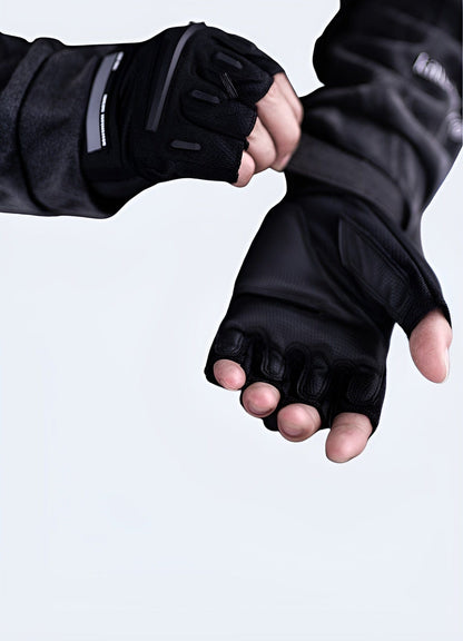 Inside view of streetwear fingerless gloves. This angle shows the interior side of the gloves, highlighting the inner lining and the construction of the palm area.