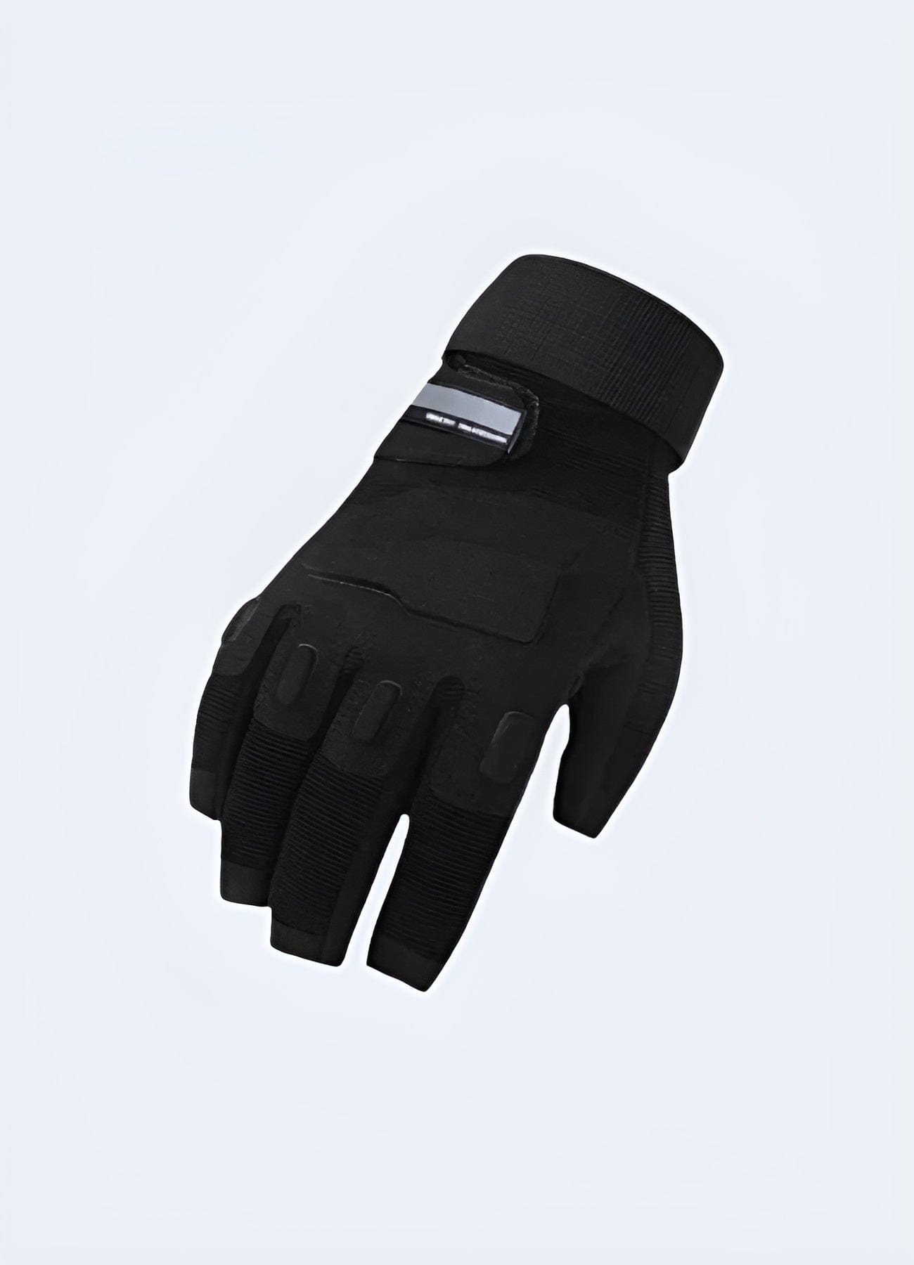 The gloves feature a trendy design with exposed knuckles and reinforced stitching.The gloves are detailed with metal accents and have an adjustable strap at the wrist.