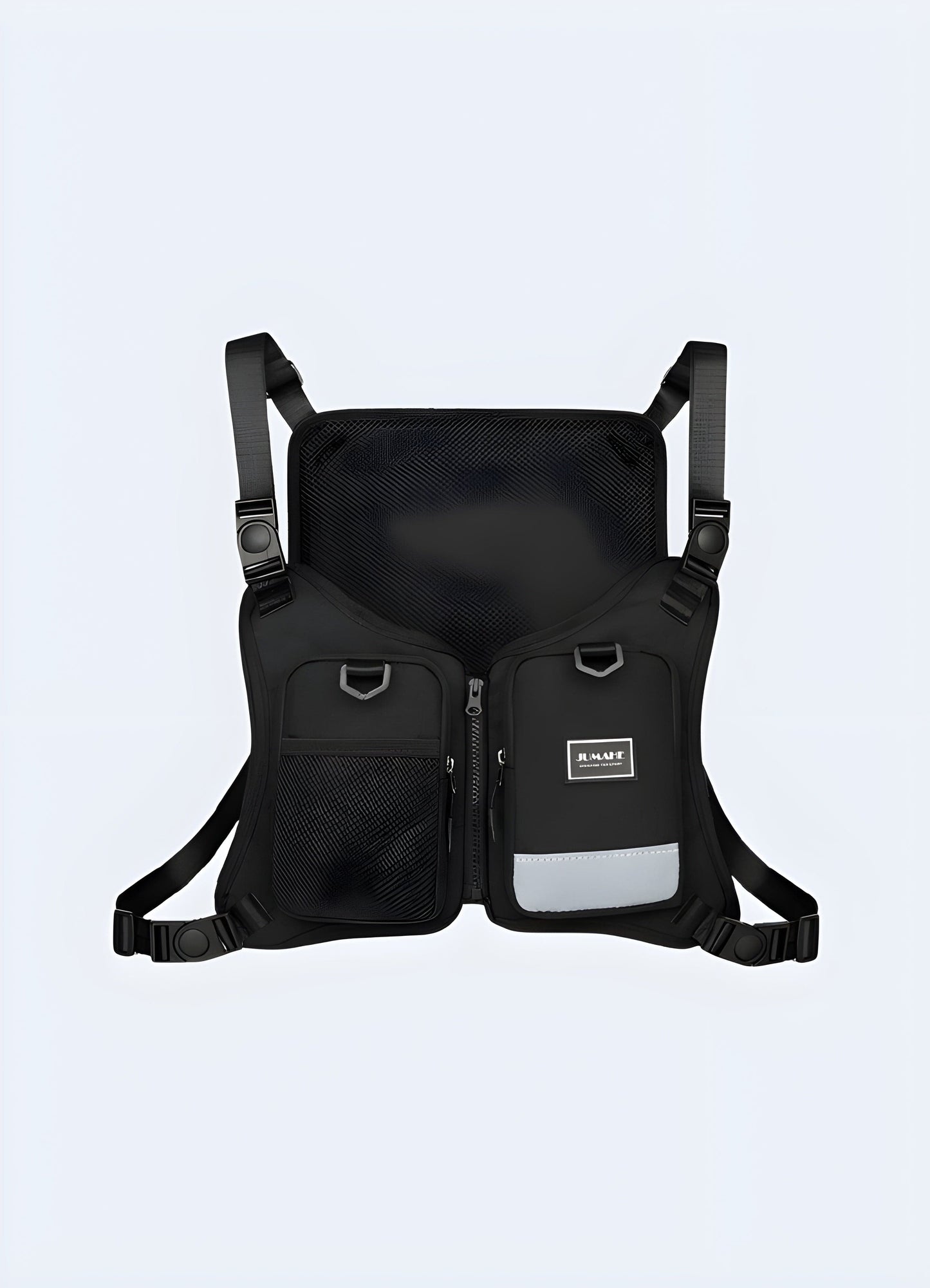 Streetwear harness black front view, UK. Modern and edgy street style.